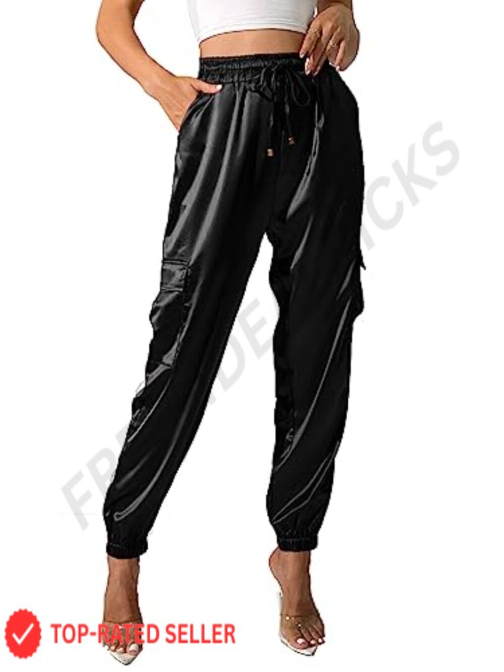 Satin Cargo Joggers High Waist Tapered Ankle Pants